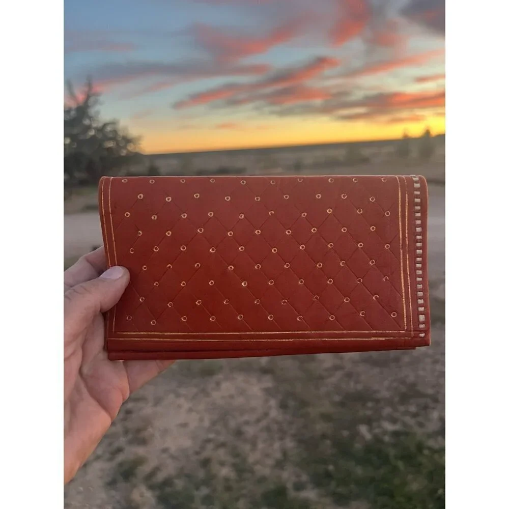 Vintage Florentine 22K gold accented folding kidskin leather wallet rust brown